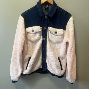 Forever Women’s Pink, White and Blue Sherpa Denim Jacket Size M